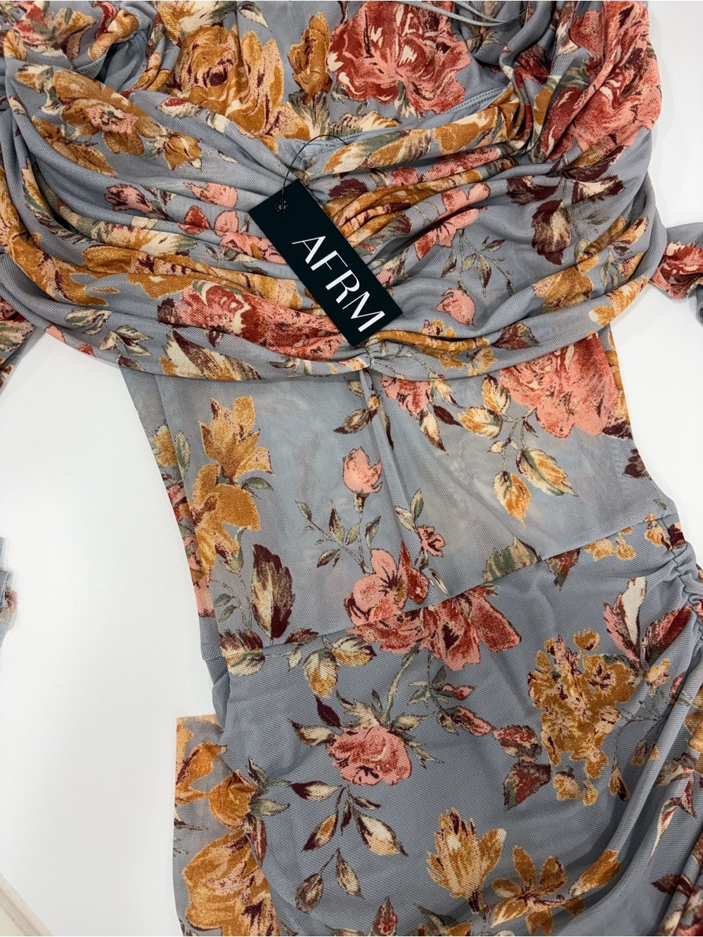 NWT AFRM Vintage Inspired Off-the-Shoulder Long-Sleeve Ruched Lace Maxi Dress - Picture 6 of 9